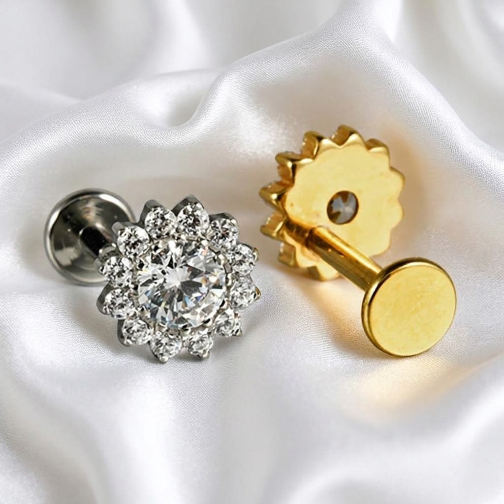 CZ Flower Internally Threaded Ear Stud - Image 3