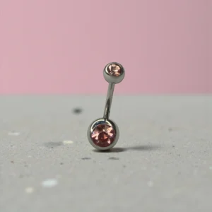 Double Ball Navel Barbell With Pink Gemstone