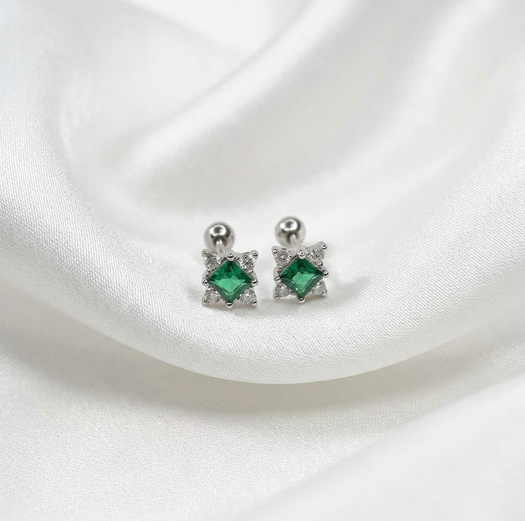 Green Geometric Shape with Zircons Ear Stud - Image 3