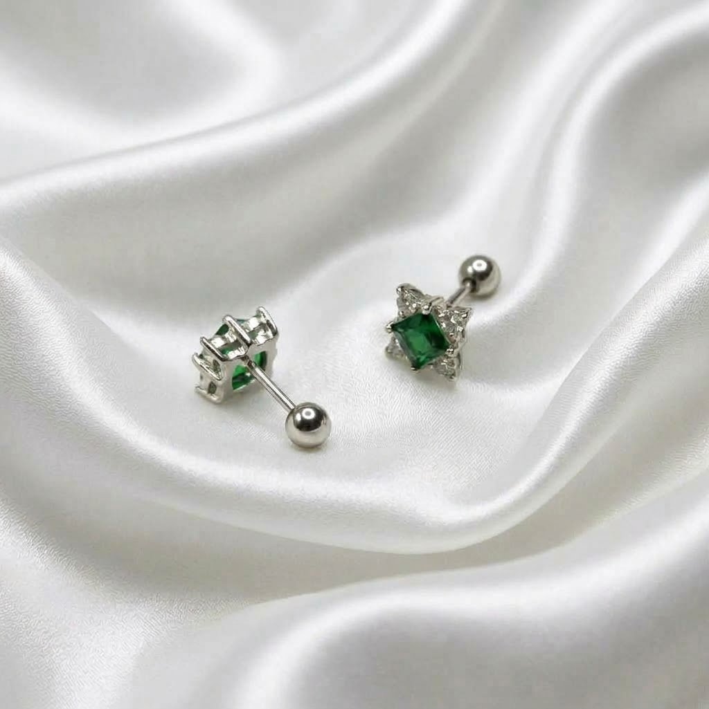 Green Geometric Shape with Zircons Ear Stud - Image 2
