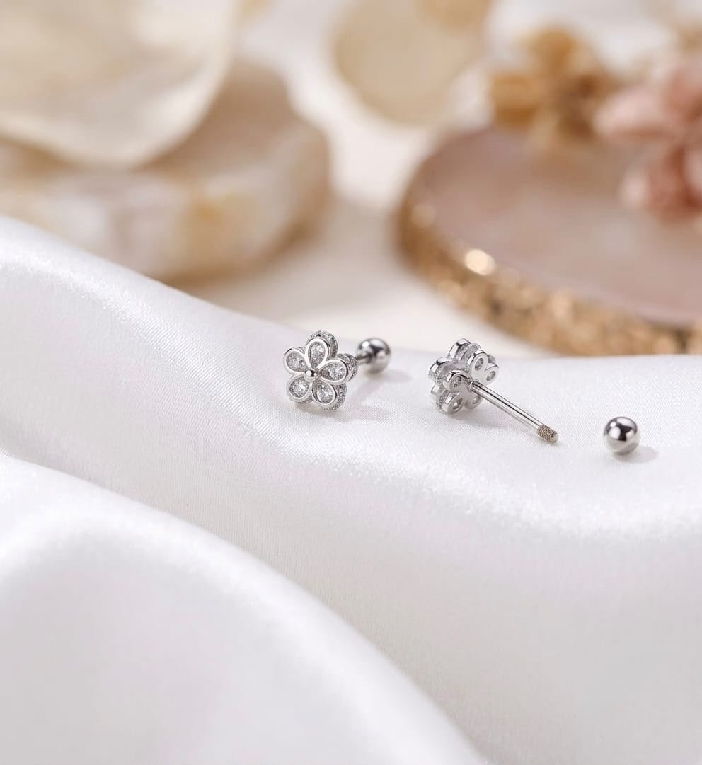 Crystal Flower Screw Back Stud Earrings - Image 3